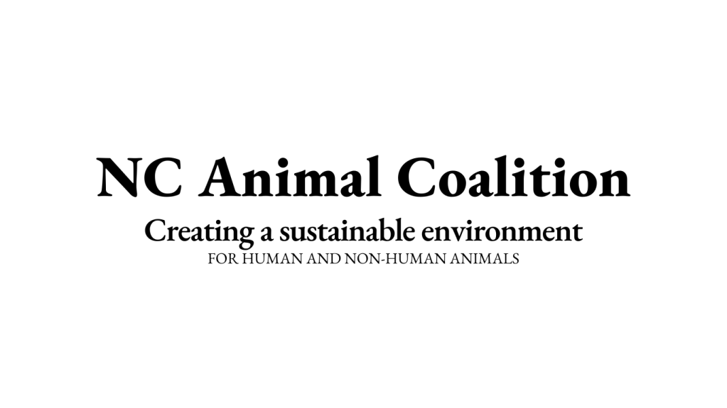 Text that reads NC Animal Coalition, with the subheading, Creating a sustainable environment for human and non-human animals.