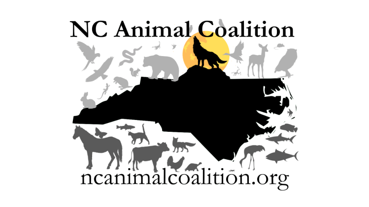 Logo of the NC Animal Coalition featuring a silhouette of North Carolina with a wolf atop a mountain, surrounded by various animal silhouettes and a sun.
